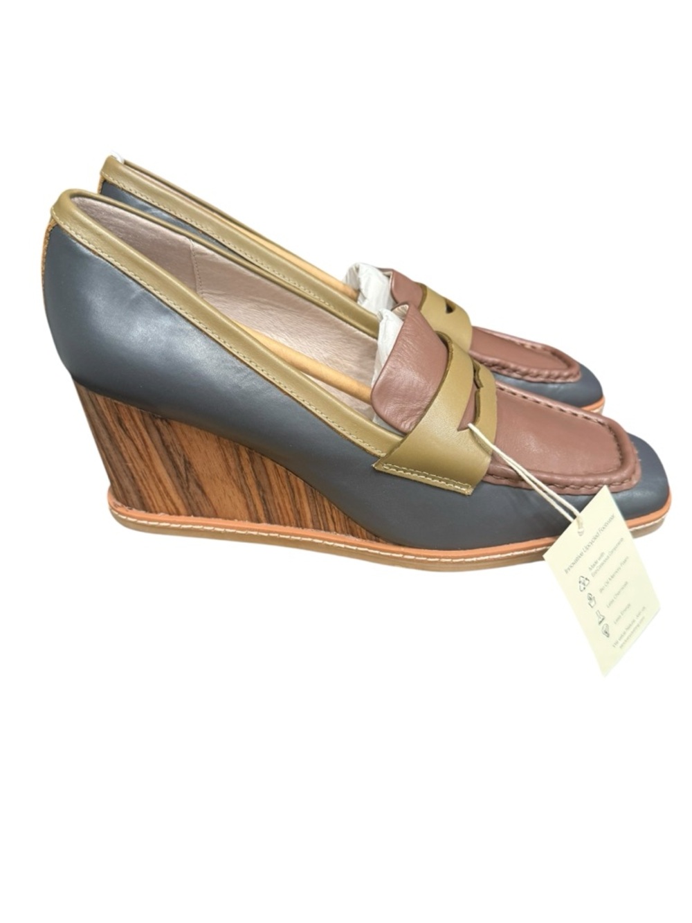 Sanctuary Cadence Colorblock Leather Wedge Loafers in brown, blue, greenish NIB
